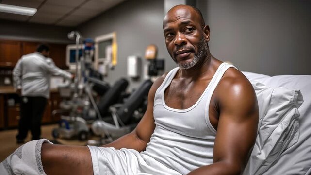 Mature African American man with a bandaged leg sitting on a hospital bed recovering.