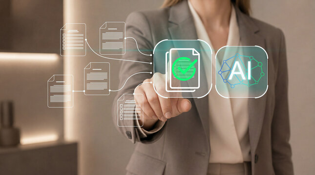 AI document summary and intelligent document processing. Automated document analysis, information extraction and business productivity. Businesswoman reviewing documents with AI assistant