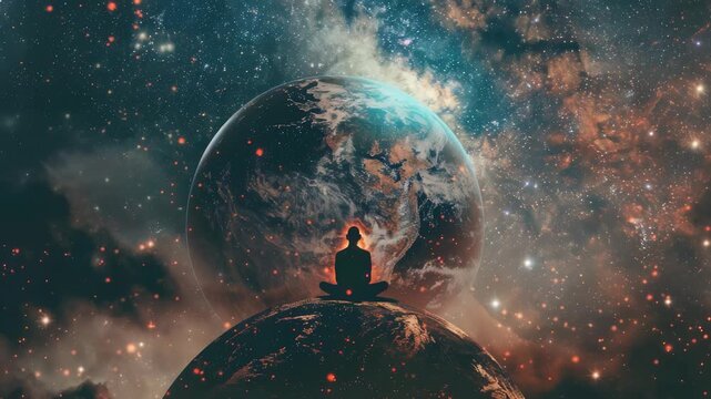 A silhouette meditates atop a planet, set against a cosmic backdrop of stars, planets, and nebulae. It evokes themes of tranquility and mindfulness in the immensity of the universe.