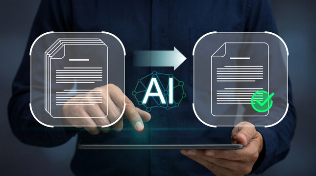 Contract summary with AI document processing. Automated contract analysis, information extraction and business efficiency. Business professional summarizing contracts with AI