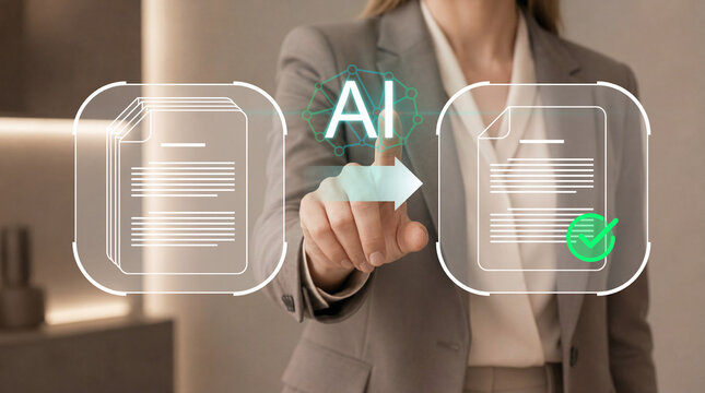 AI summarizes documents and intelligent document processing. Automated content reduction, document analysis and business efficiency. Businesswoman using AI to summarize multiple documents