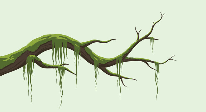 Old crooked tree branch covered in soft green moss and hanging vines, depicted in a detailed horizontal pixel-art style.
