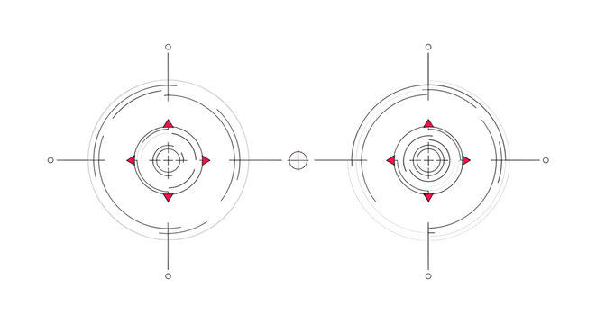 Detailed technical schematic illustration of mechanical knobs or gears with red pointers, set against a clean white background.