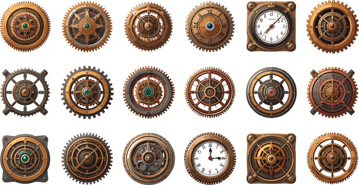 Steampunk Gears and Antique Clockwork Icon Set with Vintage Bronze Wheels Cogwheels and Retro Clock Dials for Industrial Engineering Designs