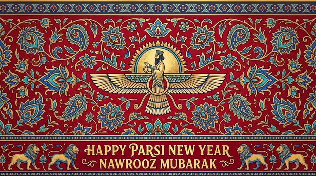 Happy Parsi New Year Nowrooz Mubarak with Faravahar symbol and traditional Persian design.