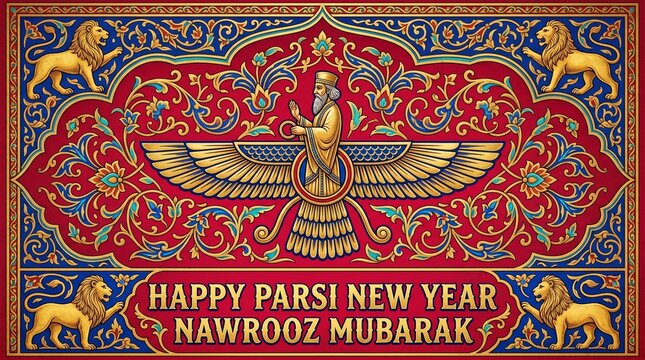 Happy Parsi New Year Nowrooz Mubarak with Faravahar symbol and traditional Persian design.