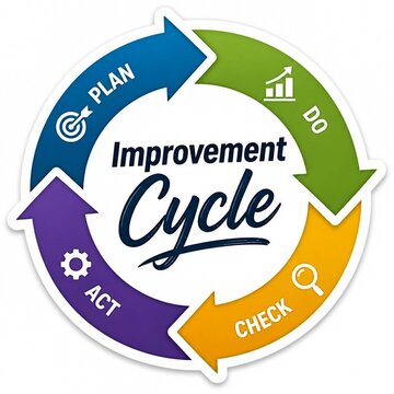 Improvement cycle diagram with plan, do, check, act steps isolated on white background