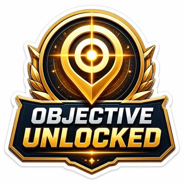 Gold gaming achievement badge featuring a target pin with laurel leaves and the text objective unlocked