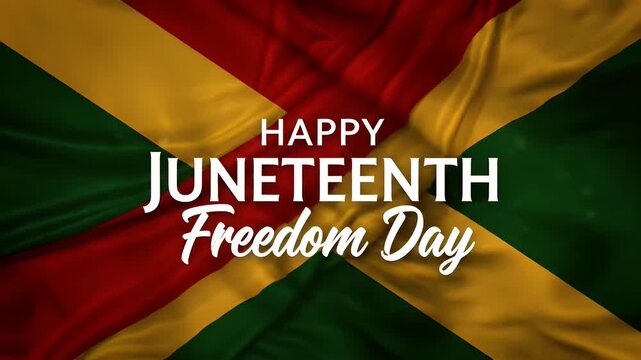 Juneteenth freedom day celebration background with red yellow and green waving fabric flag texture