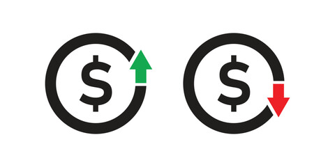 Increase and decrease dollar price sign. Up and down currency value sign. Money rising and decreasing sign vector. © Umme