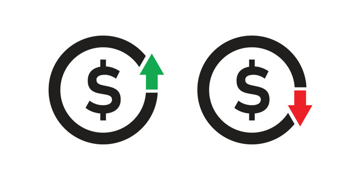 Increase and decrease dollar price sign. Up and down currency value sign. Money rising and decreasing sign vector.