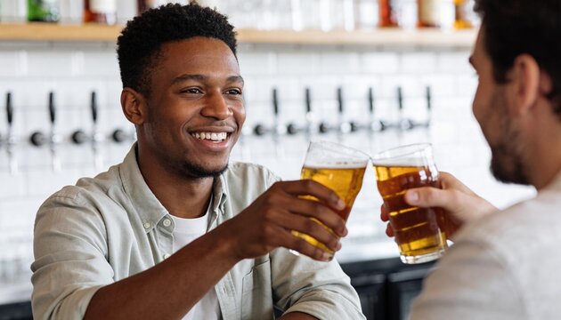 Two diverse male friends clinking beer glasses in a bar. Happy Black man toasting with a friend at a brewery. Social gathering and watch party concept