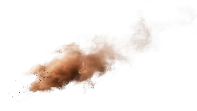 A dynamic burst of brown dust or dry earth powder particles exploding in the air, captured on a white background, for compositing