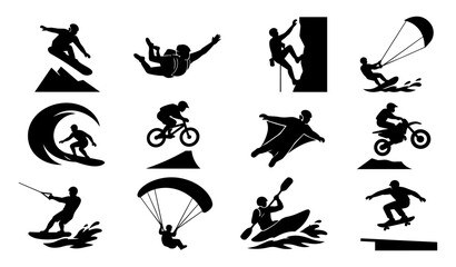 Naklejka premium Simple Extreme Sports Silhouette Icon Set