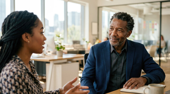 Senior African American businessman listening to a young female colleague during an office meeting