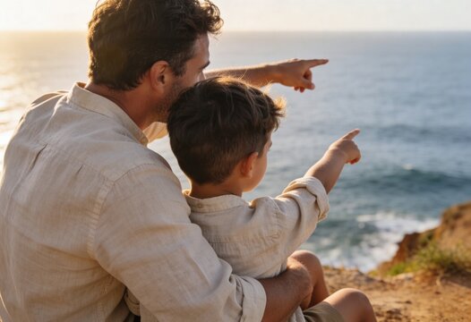 Father and son pointing at the ocean from a cliff. Man and young boy sitting together during golden hour. Family bonding and exploration concept