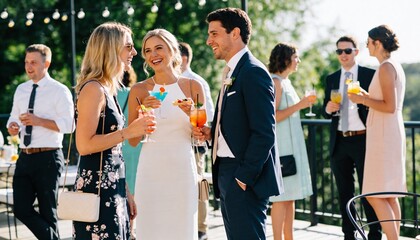 Fototapeta na wymiar Group of friends socializing at an outdoor wedding reception. People laughing and drinking cocktails at a garden party. Well dressed guests at a summer cocktail event