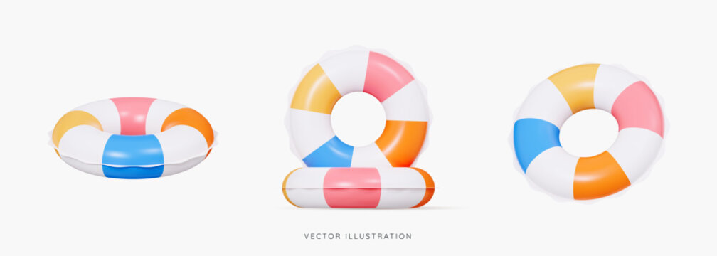 3D Inflatable swimming ring in different angles icon set. Rubber pool toy. Swim lifesaver. Summer time objects. Travel and vacation. Cartoon design icons isolated on white. 3D Vector illustration