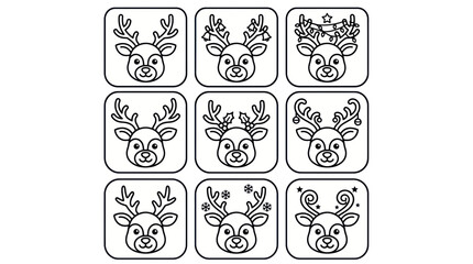 Set of cute reindeer faces, Christmas holiday icons, line art, vector illustration © jonsen