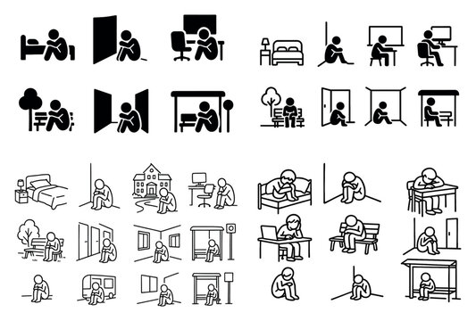 Solitude icons with person bed chair outline