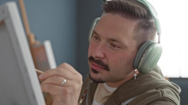 Man paints a canvas with a brush while wearing large headphones and a cross earring in an artist studio; concentration creativity.