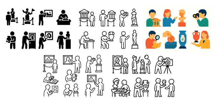 Museum icons with paintings and statues outline