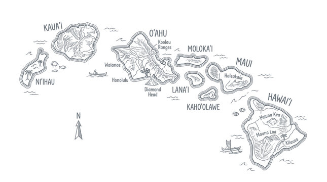 Hand-drawn map of Hawaiian islands sketch, travel illustration