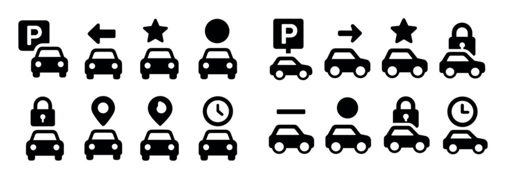 Car icons with parking arrow star outline