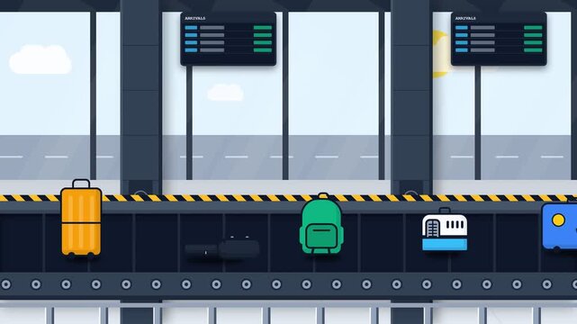 Animated Airport Baggage Carousel with Moving Luggage on Conveyor Belt in Terminal