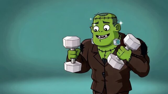 A cartoon Frankenstein's monster with green skin and stitches, happily holding two silver dumbbells, showcasing his strength and fitness.