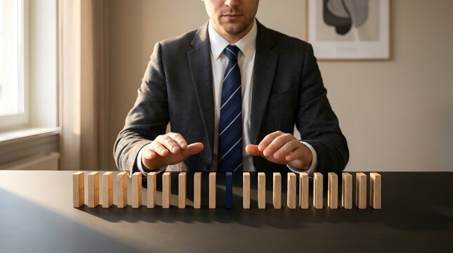 Businessman stopping domino effect wooden blocks desk