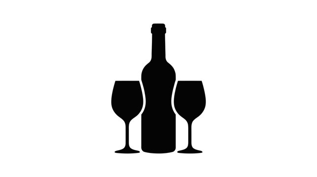 Black silhouette of a wine bottle with two wine glasses.