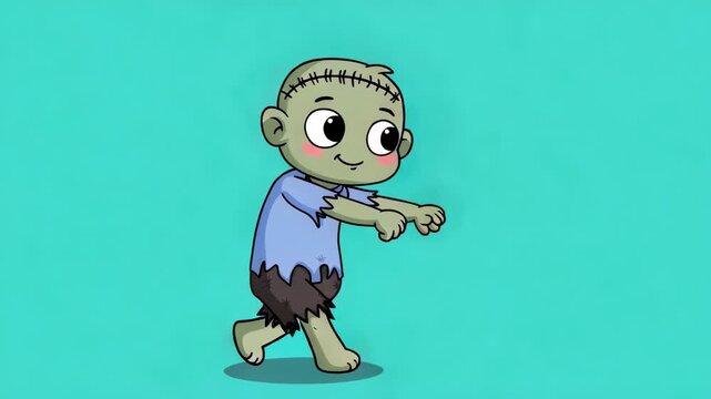 A cute cartoon zombie character with stitches on its head and ripped clothes, walking against a solid teal background.