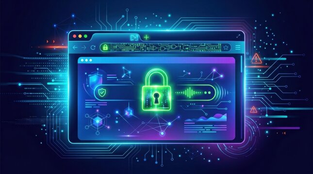 Digital screen displays HTTPS browsing with a lock graphic. Network connections and security symbols illustrate cybersecurity awareness