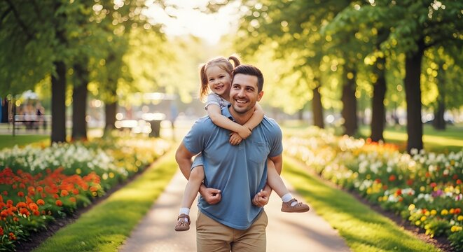 Happy fathers day father and little girl enjoying quality time together in a beautiful park