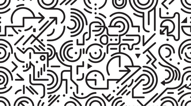 Seamless Black and White Abstract Line Art Pattern with Hand Drawn Concentric Circles and Tech Geometric Doodles