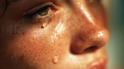 Fototapeta premium Close-up of a young female face with freckles and a tear rolling down her cheek, highlighting skin texture and emotional expression in soft lighting