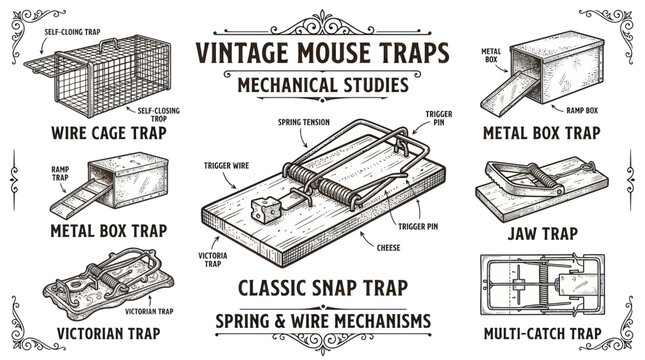 Vintage mechanical mouse trap diagrams and technical studies