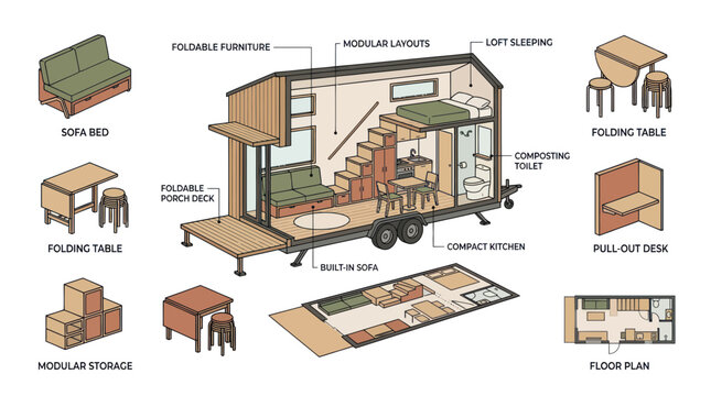 Tiny house design with modular furniture and floor plan layout