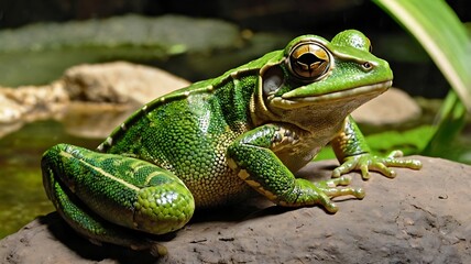 Fototapeta premium Green frog sitting on a rock in a natural environment with water and plants