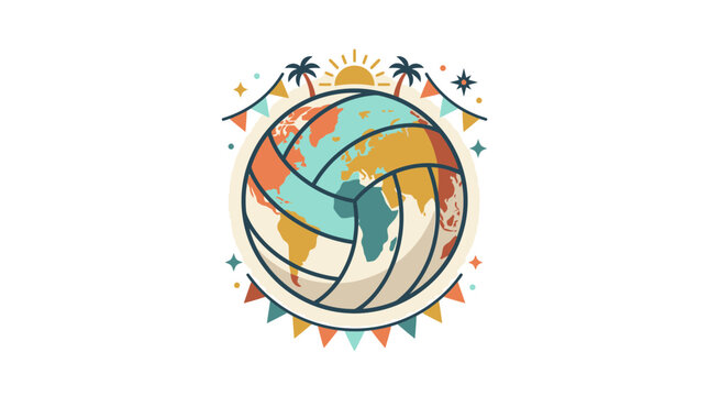 Volleyball Earth Globe Icon with Tropical Palm Trees and Bunting Flags