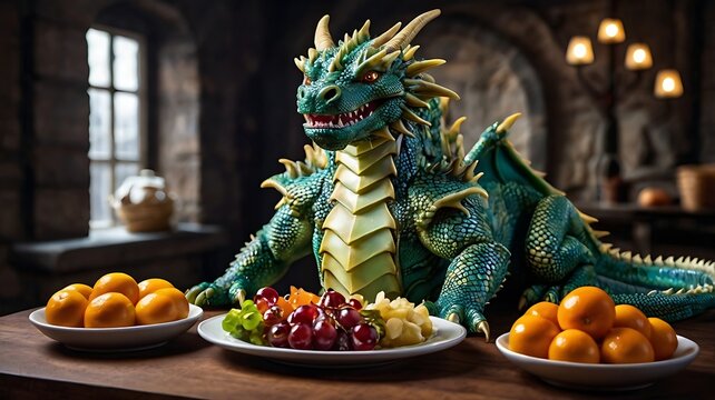 Green dragon sitting at a wooden table with three plates of fruit