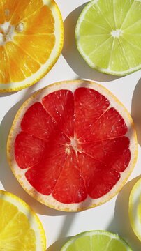 Red grapefruit lime orange lemon slices flatlay white background close-up vibrant citrus slow motion food photography vitamin summer healthy nutrition studio juicy colorful