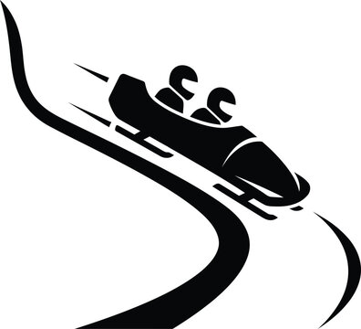 Black and white silhouette illustration of a bobsleigh team in action.