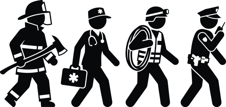 Black and white vector icon set of emergency services personnel.