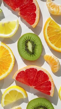 Tropical fruit mix flatlay white background kiwi orange grapefruit lemon tangerine slices colorful slow motion food photography vitamin healthy summer nutrition studio bright