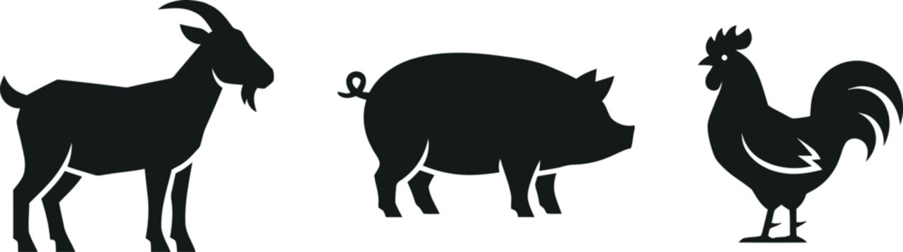 Black silhouette set of farm animals including a goat a pig and a rooster.