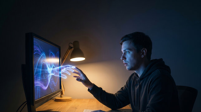 Young male developer at night desk as 
flowing code on monitor forms a human 
hand shape reaching toward his own 
raised hand as a human AI meeting concept