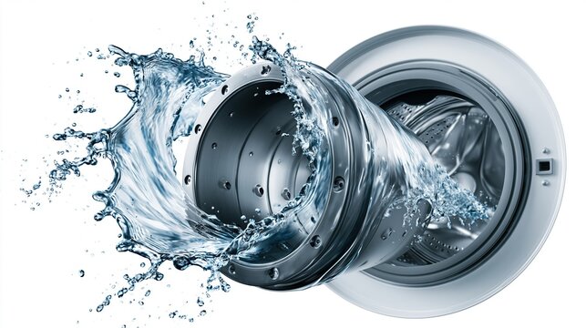 Washing Machine Drum with Water Splash, High-Speed Spin Cycle, Clean Laundry Concept