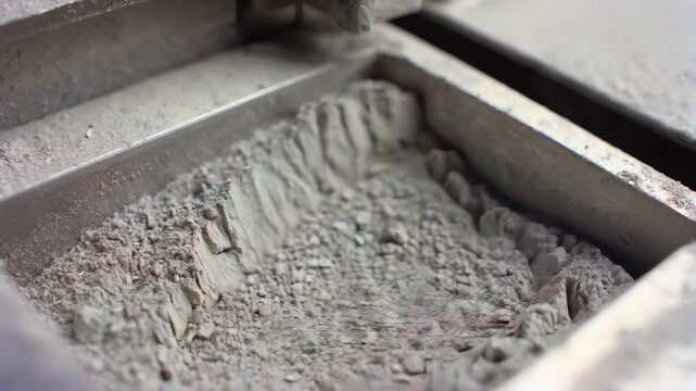 Powder filling metal die cavity in close-up before tablet compression inside pharmaceutical press for dosage manufacturing, material dosing, quality control and automated production workflow.